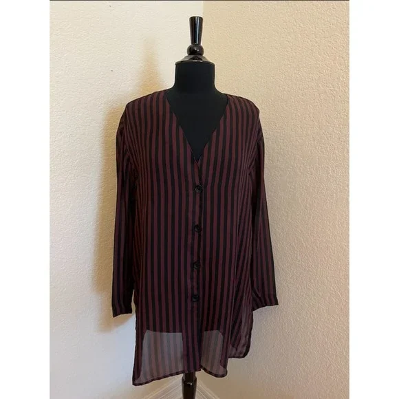Roxy Wear-Roxanne Heptner Vintage 80s/90s Sheer Striped Buttoned Tunic Sz M - Picture 1 of 6